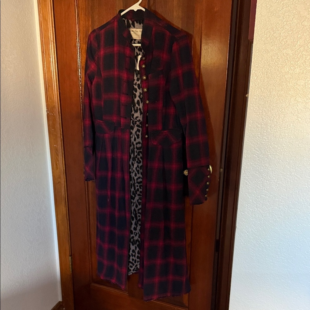 Free People Red and Black Plaid Trench Coat